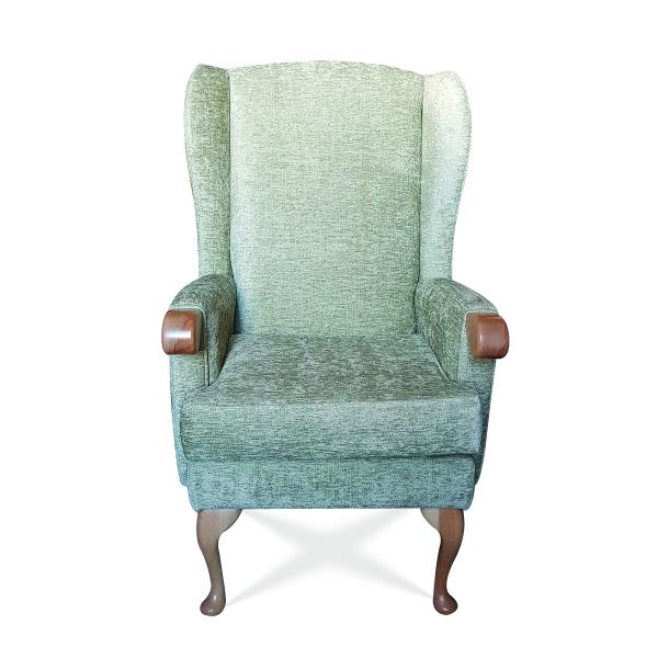 Fully upholstered high back wing chair with knuckles to assist getting in and out of seat