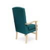 This high seat chair is Upholstered in a variety of Fabric and vinyl colours and five polish colours .